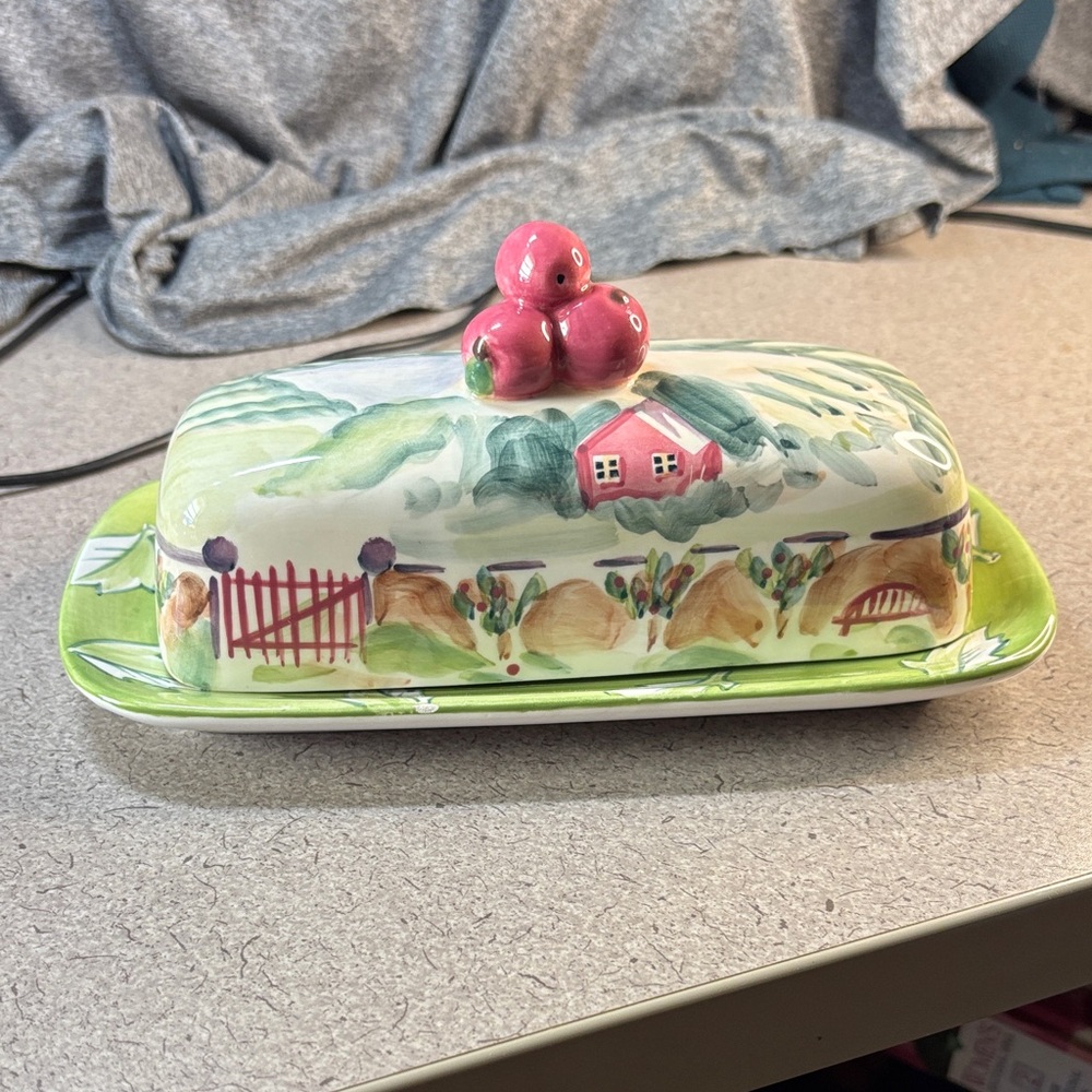 Hand-Painted Mismatched Ceramic Butter Dish with Pink Accents